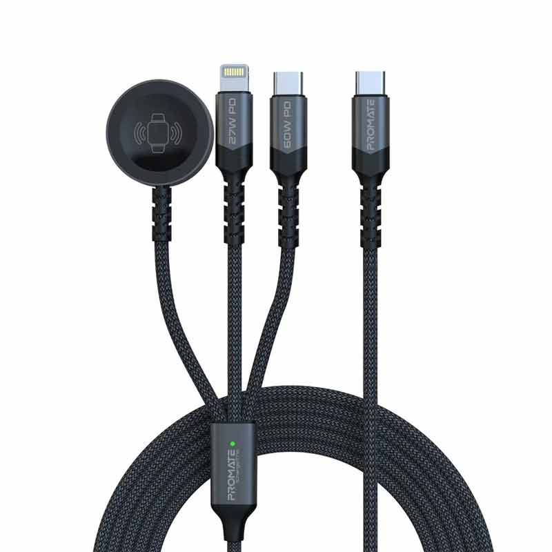 کابل USB-C به USB-C/ پد شارژ اپل واچ/ لایتنینگ پرومیت مدل ICHARGE-TRIO طول 1.5 متر