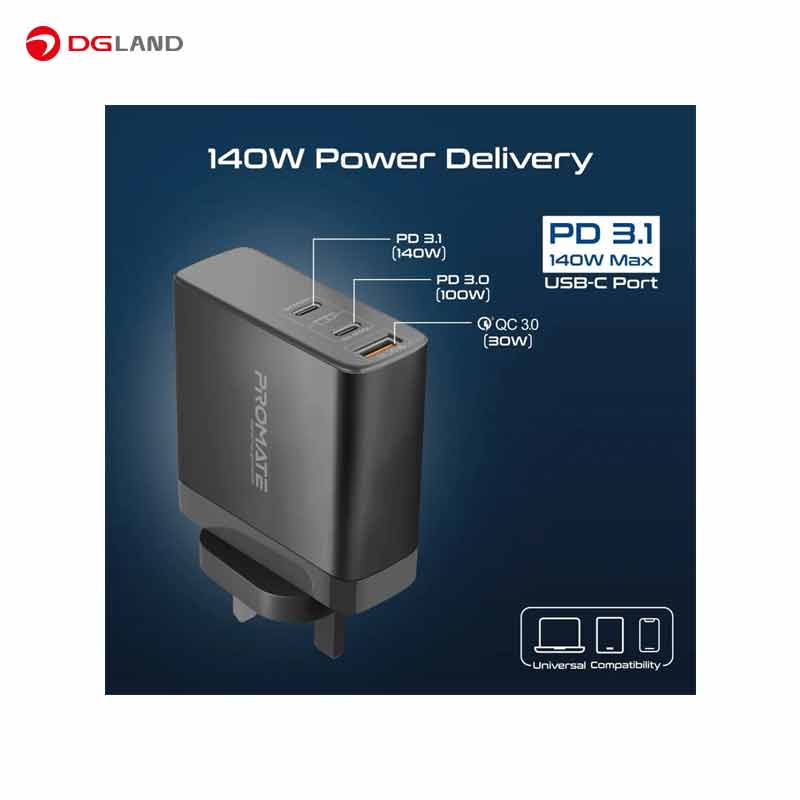 شارژر دیواری ۱۴۰ وات پرومیت مدل GANCHARGE-140W